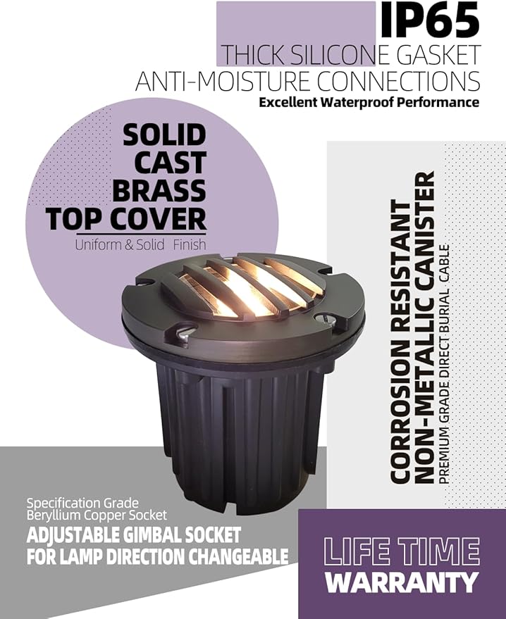 MALORY Brass Top Cover Landscape Well Lights, (5''H) 12V Low Voltage Outdoor In Ground Lights,Landscape Lighting for Pathway, Driveway and Garden 4 Pack with MR16 Bulb (Grated Top, 4-Pack with Bulb)