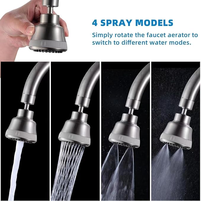 4 Spray Modes Faucet Aerator,360 Degree Faucet Sprayer Attachment,Big Angle Kitchen Faucet Aerator,Swivel Faucet Extender,Sink Sprayer Attachment for faucet,55/64 inch Female Thread (Brushed Nickel)