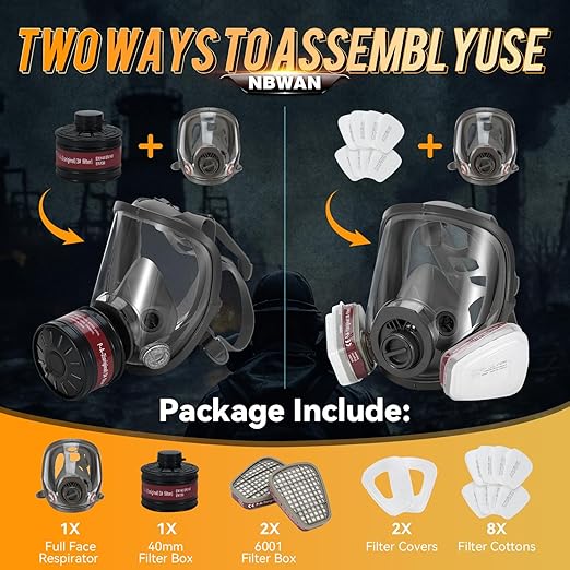 Gas Masks Survival Nuclear and Chemical, Full Face Gas Mask with 40mm Activated Carbon Filter, Reusable Respirator Mask with 6001 Filters for Organic Vapor Spray Painting Dust Welding 6800