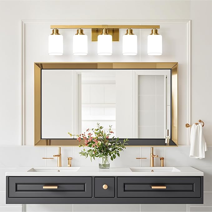 Brushed Gold Bathroom Vanity Light,5-Light Bathroom Light Fixtures with Square Frosted Glass,Gold Bathroom Wall Lamp Sconces for Mirror Bedroom,Living Room Hallway,E26