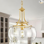 Industrial Round Chandelier Rustic Ceiling Light Fixture Farmhouse Pendant Light with Clear Glass Shade for Dining Room Hallway Entryway Kitchen Bedroom, Gold