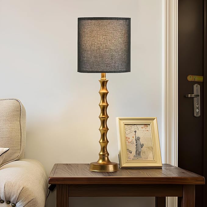 28.75" Gold Table Lamps Set of 2, Gold Buffet Lamps Set of 2 with Black Shade, Rustic Tall Skinny Nightstand Lamp for Bedroom, Living Room, Guest Room Decor