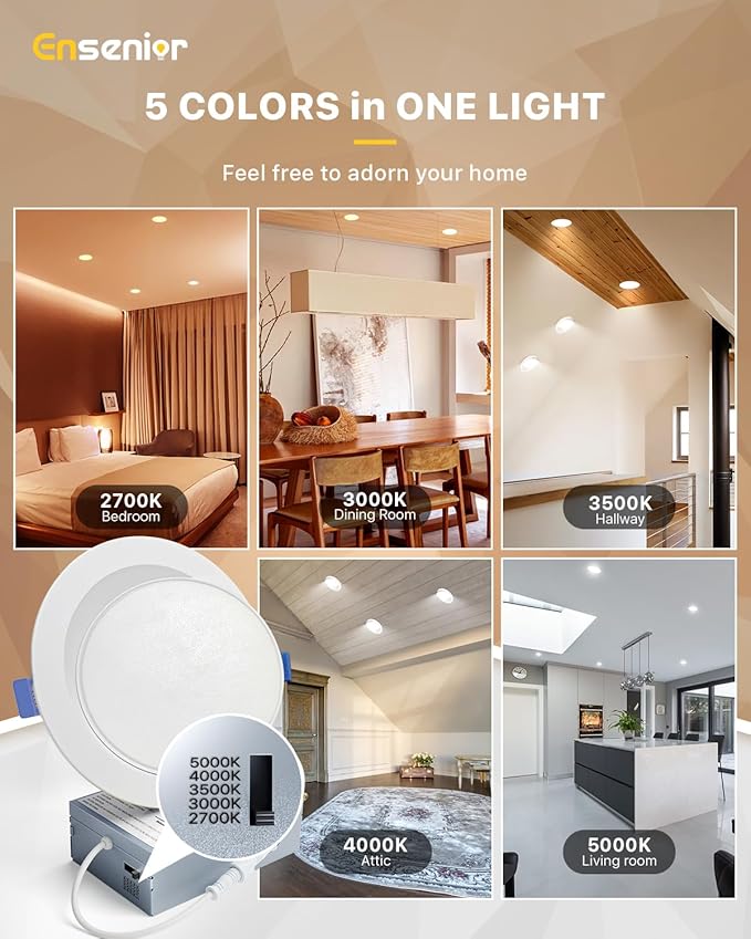 Ensenior 12 Pack 6 inch Gimbal Led Recessed Lighting, 90° Rotatable and 5CCT Selectable, Dimmable Eyeball Recessed Lights, Canless Angled Adjustable Ceiling Downlight, 1200LM, 12W=115W-FCC Certified