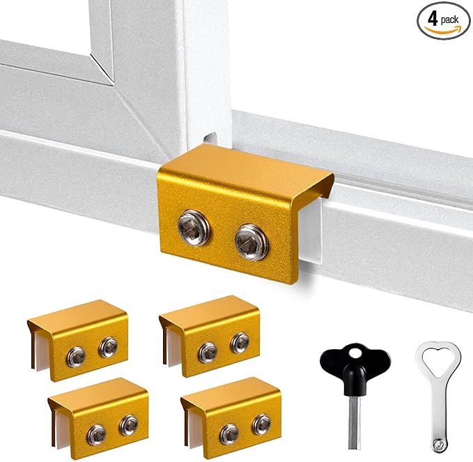Window Locks for Up and Down Windows 4 Pack Window Stopper Sliding Window Lock for Vertical Horizontal Sliding Windows Doors with Key Aluminum Window Security Locks Child Proof(Golden Medium)