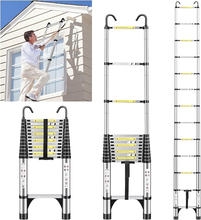 JADDUO 16.5FT Telescopic Ladder (Silver) Aluminum Extension Ladder with Non-Slip Feet & Stable Hook Heavy Duty Portable Ladder for Household/Outdoor, 330lbs Max Capacity