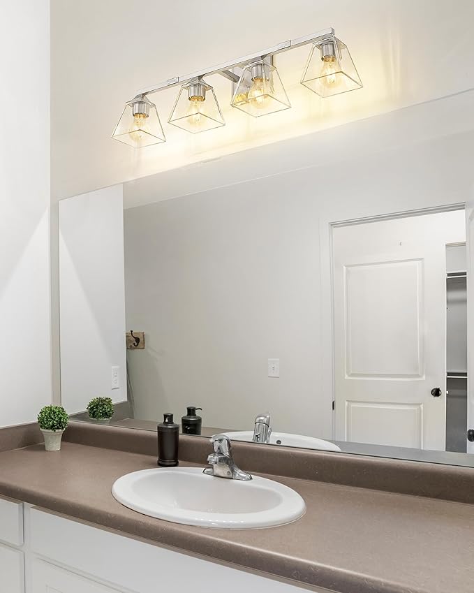 Brushed Nickel Bathroom Vanity Light, HWH 4-Light Vanity Light Fixture Modern Vanity Wall Sconce Lamp Over Mirror with Square Glass Shade, 5HY68B-4W BN