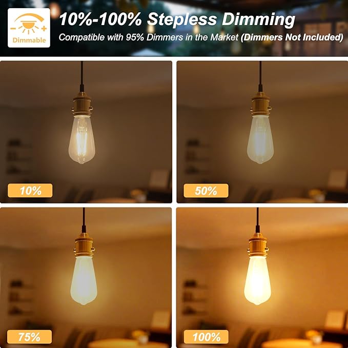 8W LED Edison Light Bulbs 60 Watt Equivalent, Dimmable ST58 Vintage Light Bulbs 800LM, E26 Medium Base, Antique Clear Glass Filament Bulbs, 2700K Warm White, CRI 85, 20-Pack