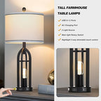27" Tall Vintage Table Lamp with USB C+A & Outlet,Black Industrial End Table Lamp for Living Room,Farmhouse Rustic Bedside Lamps with Night Light for Bedroom Nightstand,Black（2 LED Bulbs Included）