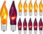 12 Pack C7 Clear Orange and Purple Flickering Flame Replacement Bulbs for String Lights Outdoor, E12 Screw Base, Flame Bulbs for Halloween Indoor Outdoor Roofline Garden Patio Party Decorations