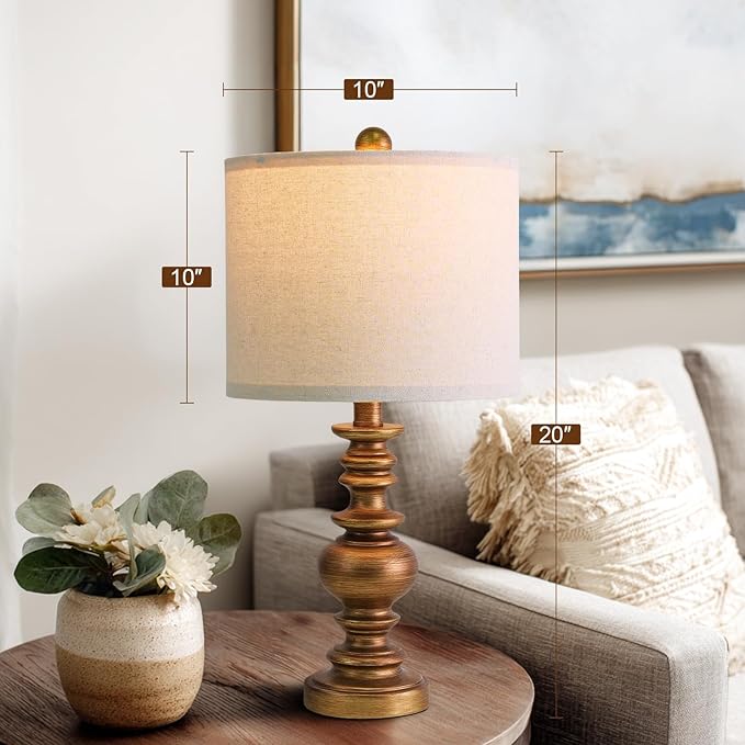 BOBOMOMO 20" Antique Gold Table Lamps Set of 2 – Handcrafted Vintage Bedside Lamps with Linen Shades, Elegant Farmhouse Lamps for Bedroom, Living Room, or Entryway – Perfect for Compact Spaces