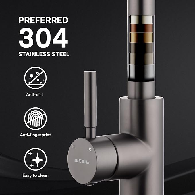 WEWE Black Stainless Kitchen Faucet with Pull Down Sprayer, Single Handle Commercial Modern RV Laundry Stainless Steel Sink Faucet for Rv Kitchen Bar