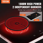VEVOR Electric Radiant Cooktop, 24in 2 Burners Built-in Electric Stove Top, 1800W Ceramic Top Cooktop with Glass Panel, Touch Control, 9 Heat Level, Residual Heat Indicator,Timer, Child Lock, 120V