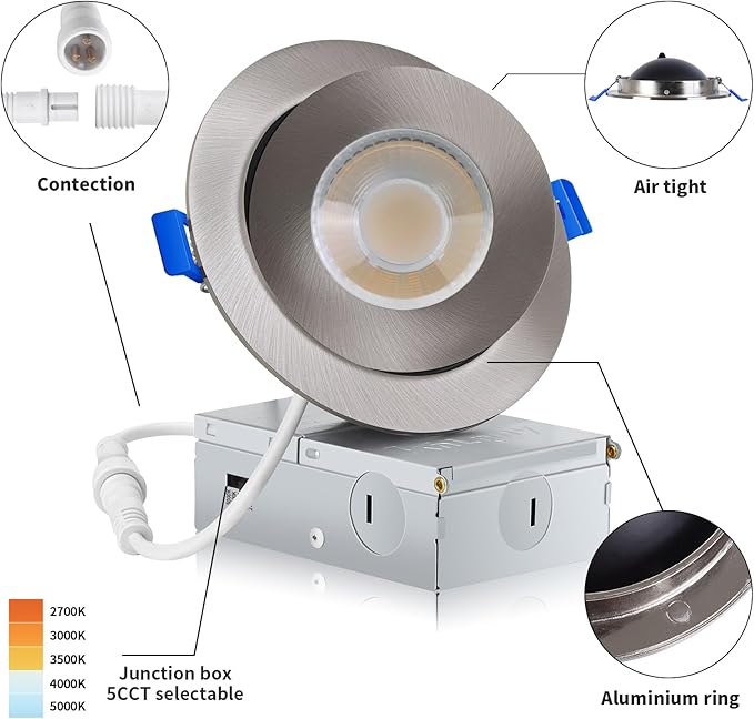 Brushed Nickel Recessed Lighting 4 Inch 6 Pack, Ajustable Eyeball recessed Light with Junction Box,5 Color Selectable,Airtight,9W 750LM,Dimmable,Brushed Nickel