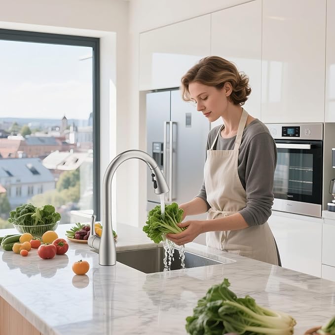 Hibbent Curved Pull Down Kitchen Faucet Head Replacement, 3-Function Kitchen Sink Spray Nozzle with 14 Adapters, Anti-Splash, Compatible with Kohler Bent Faucets, Brushed Nickel