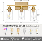 3 Light Bathroom Light Fixtures Brushed Brass Vanity Light Over Mirror Modern Farmhouse Wall Lighting Sconces Wall Lamp for Bathroom, Bedroom, Living Room E26 Socket with Glass Shade
