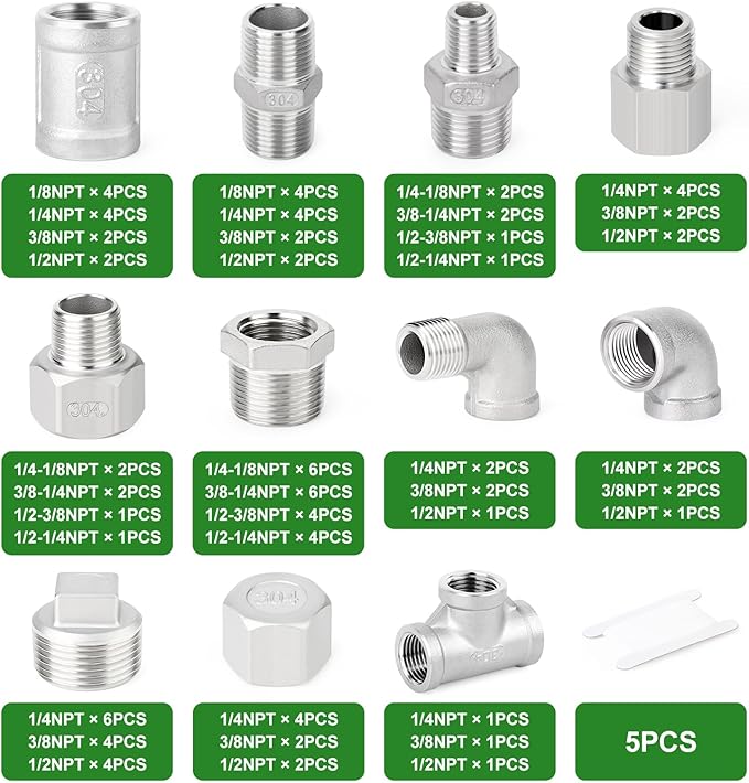 TAISHER 99PCS 304 Stainless Steel Pipe Fitting Kit，Coupling，Nipple，Bushing，Reducer Adapter，Reducer Nipple，90 Degree Elbow，Plug，Cap，Tee，NPT Thread Pipe Adapter Fitting