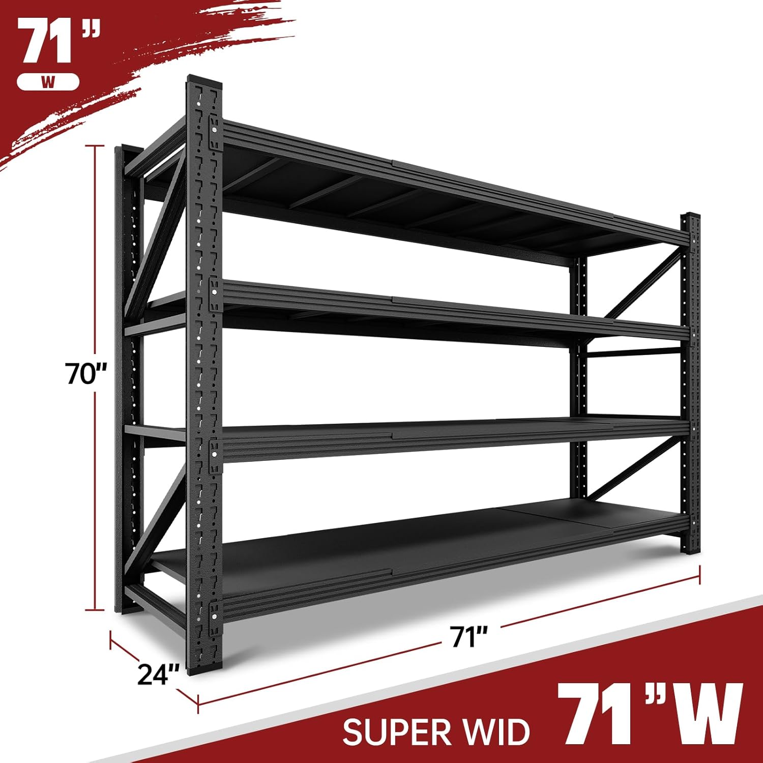 5000LBS Storage Shelves,71" W Garage Shelving Heavy Duty Metal Adjustable Garage Shelves, Shelving Units Industrial Shelving for Warehouse,71" W x 24" D x 69" H,Black