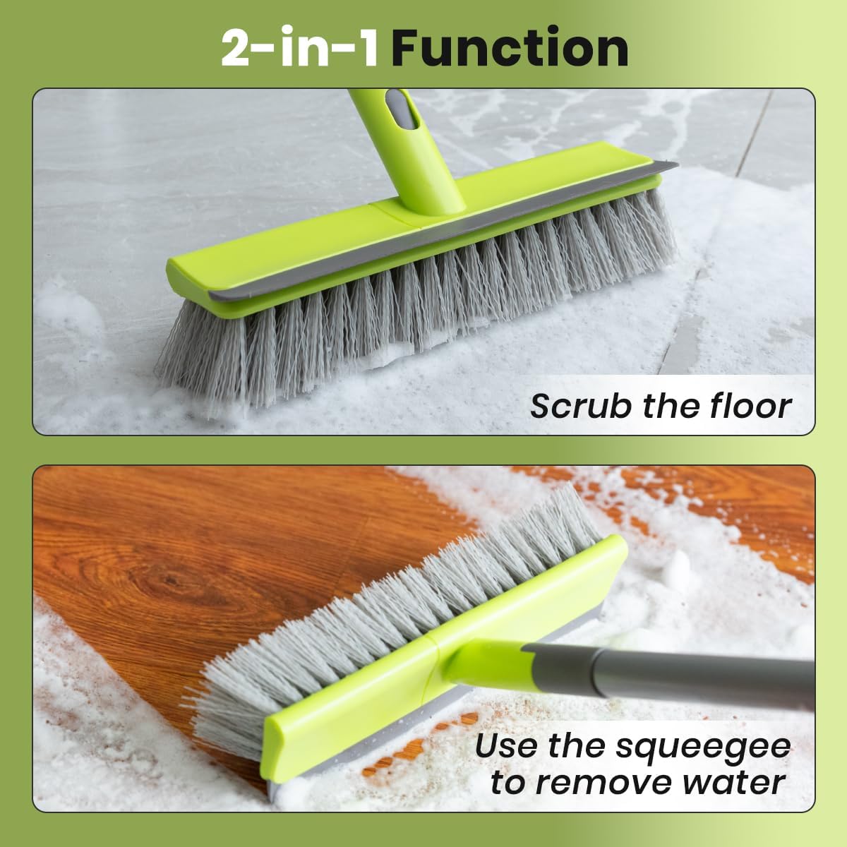 Floor Scrub Brush 2 in 1 Scrubber and Squeegee, Stiff Bristle Deck Brush for Cleaning Concrete, Patio, Garage, Kitchen, Carpet and Bathroom 57" Long Handle