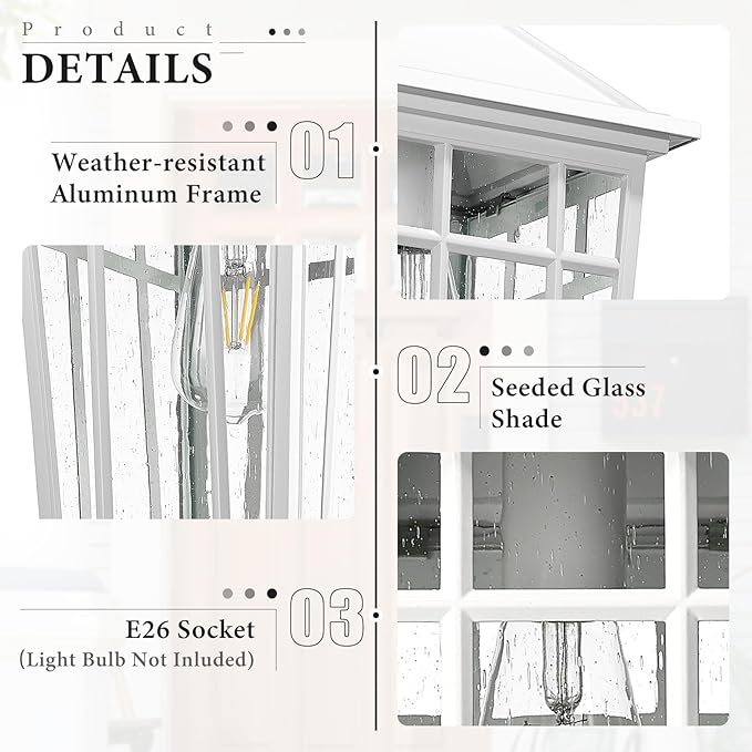 Darkaway Large Outdoor Wall Lights for House, 18inch Exterior Lighting Fixtures 2pcs Wall Mount Outdoor Porch Lights White Outdoor Sconce Lights with Seeded Glass for Hallway Garage