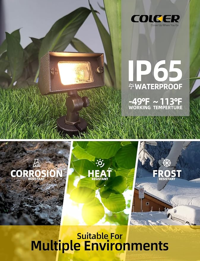 COLOER Brass Small Rectangular Flood Lights Outdoor 6 Pack with 2W 2700K Warm White LED G4 Bulb, 12V Low Voltage Landscape Outside Lights for House Illuminating Signs, Walls and Tree