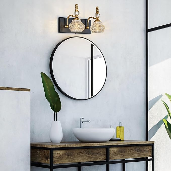 Modern Glass Crystal Vanity Light - Vintage Bathroom Lighting Fixtures Over Mirror, 2 Light Vanity Lights G9 Bulb (11.81 Inch, Black Gold)