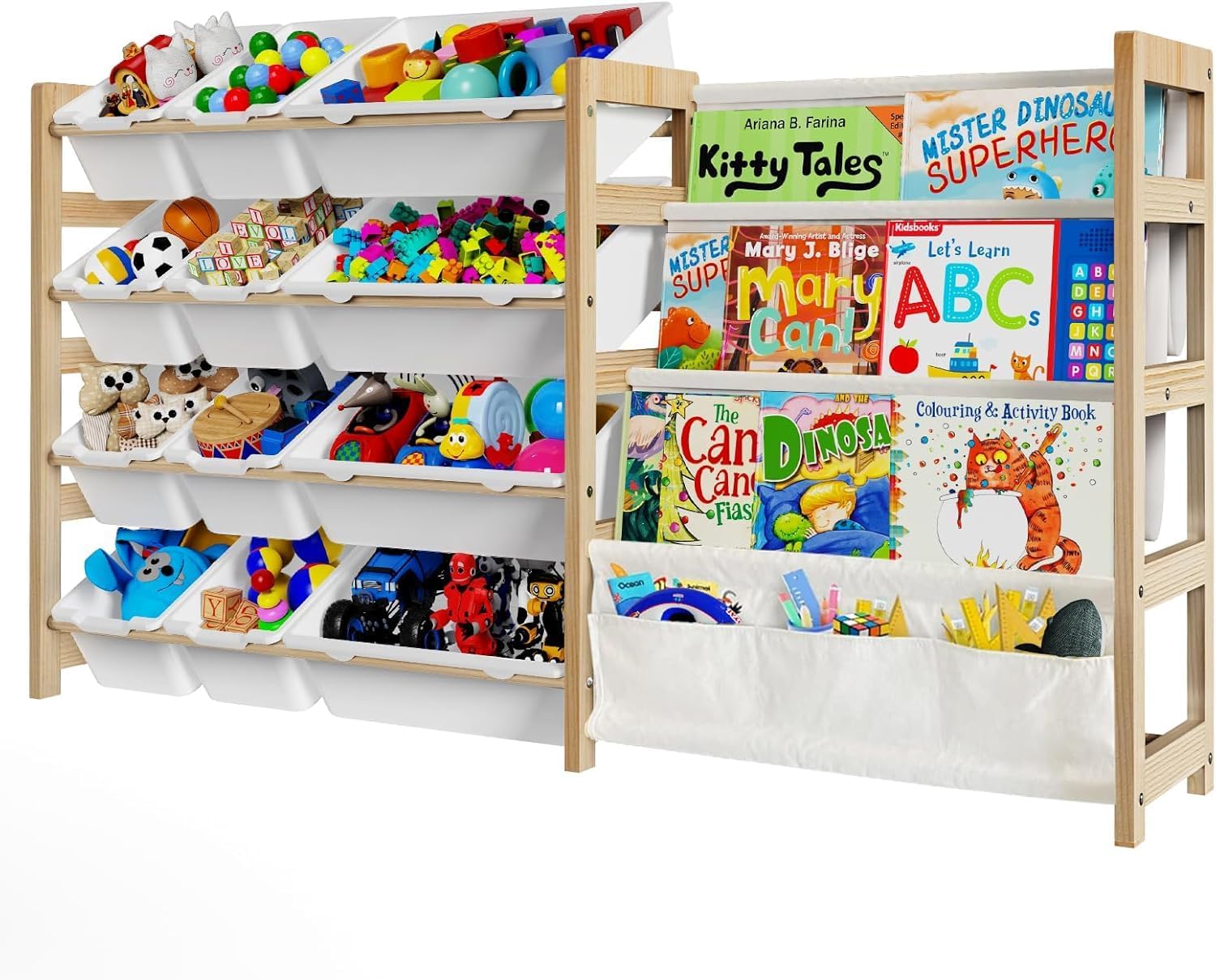 Large Toy Storage Organizer with Bookshelf, Toy Organizers and Storage with 12 Storage Bins, 4 Tier Multipurpose Toys Organizer Storage for Kids Room, Playroom, Nursery Room, White