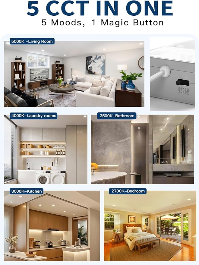 4-inch LED Recessed Lights - Slim Recessed Ceiling Light with Junction Box, 9W 5CCT Canless Lighting Fixture, Dimmable, Easy Install for Bedroom, Kitchen, Living Room, 12 Pack, Brushed Nickel