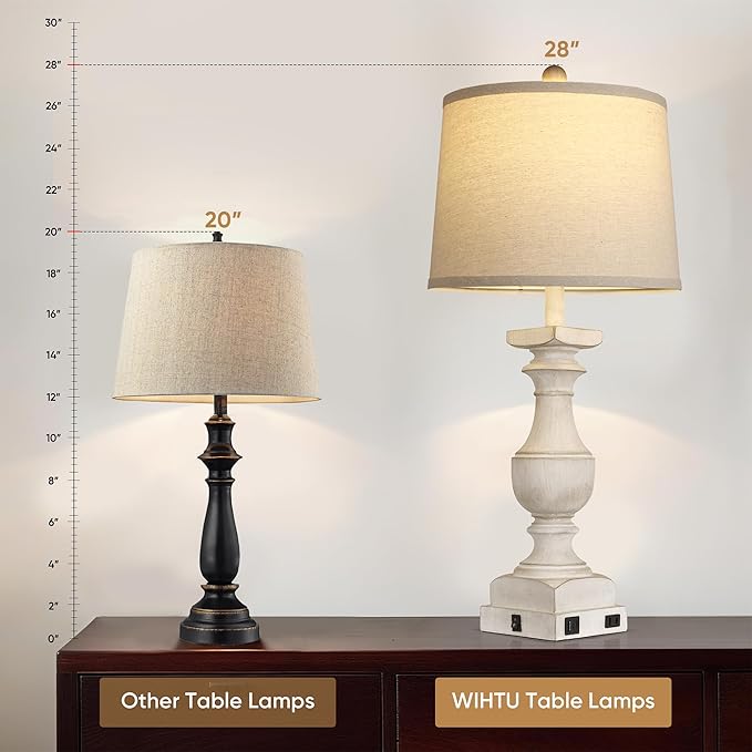 28'' Washed White Table Lamp for Bedroom Nightstand, Vintage Bedside Lamp with USB A+C Port, Farmhouse Desk Lamp with Linen Shade Set of 2, Traditional Nightstand Lamp, Rocker Switch,Bulb Included