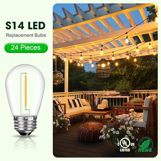 LED S14 Replacement Light Bulbs for Patio String Light, Shatterproof & Waterproof Hanging Light Bulbs for Outdoor String Lights, Dimmable, E26 Base, 24 Pack
