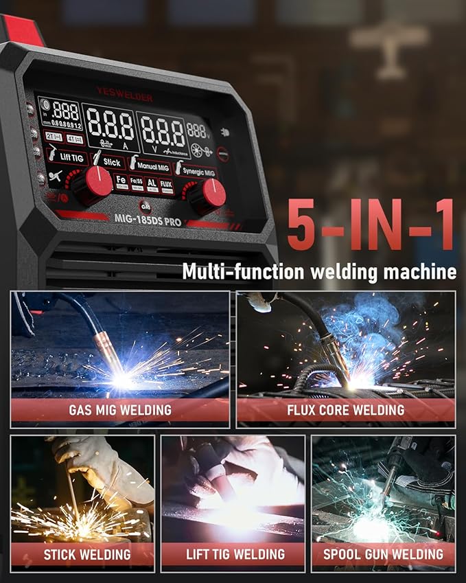 YESWELDER 185A MIG Welder, Flux Core MIG/Gas MIG/Spool Gun MIG/Lift TIG/Stick 5 in 1 Multi-process Aluminum Welding Machine, LED Digital Display Synergic Control 110V/220V Dual Voltage MIG-185DS PRO