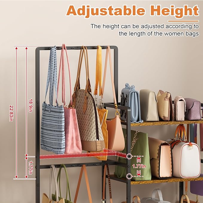Purse Storage Organizer for Women, 3-Tier Max Purse Storage Stand Rack Holder & Bag Shelf for Closet,12 Fixed Hooks& 3 Side Hooks,Keeping Purses Visible,Purse Display & Bag Organizer for Various Bags