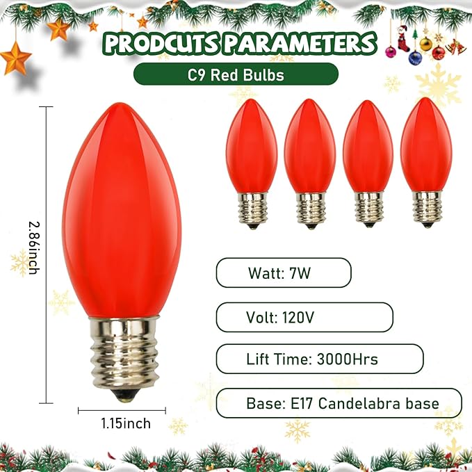 25 Pack Red Christmas Light Bulbs,C9 Glass Incandescent Red Replacement Bulbs for Night Light,C9/E17 Candelabra Base 7 Watt Great for Outdoor Indoor Holiday Christmas Valentine String Lights