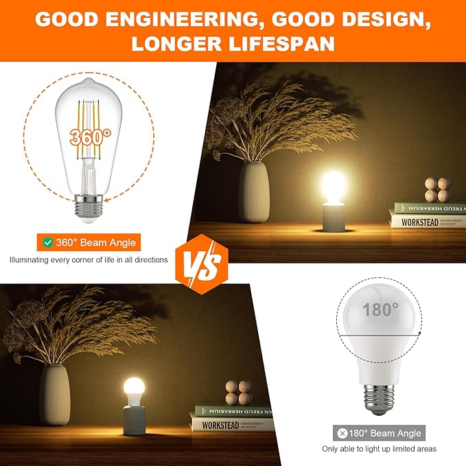 Kawaya E26 LED Edison Bulbs: 8W Equivalent 80W Dimmable LED Bulbs - Vintage ST58 4000k ‎Neutral White - 800 Lumens High Brightness Filament Bulbs with 90+ CRI - Clear Glass, 12 Pack