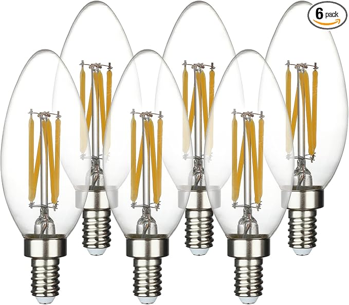 6-Pack E12 LED Candelabra Bulbs,6W 60W Equivalent, 5000K Daylight 600LM Dimmable Edison Bulbs, B10 B11 Clear Vintage Candle LED Bulbs for Chandeliers, High Brightness, Natural White Light