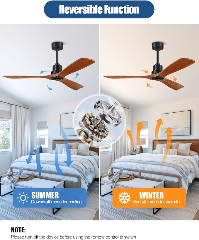 52 Inch Ceiling Fans Without Lights, Outdoor Ceiling Fan No Light with Remote, 3 Downrods, 3 Wood Blades, Timer, 6 Speeds Modern Ceiling Fan Noiseless Reversible DC Motor for Patios Porch Bedroom