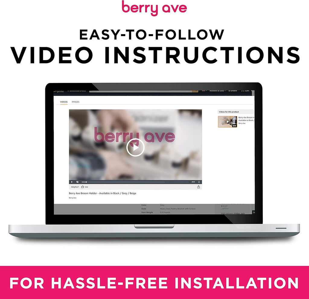 Berry Ave Broom Holder Wall Mount and Garden Tool Organizer, Closet Storage, Kitchen Rack, Home Organization and Garage Organizer for Rake or Mop Handles Up to 1.25-Inches, Hanger Plus 6 Hooks (Grey)