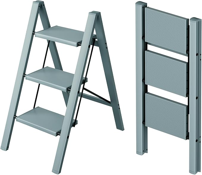 Taranta 3 Step Ladder,Aluminum Lightweight Folding 3 Step Stool with Anti-Slip Wide Pedal,330lbs Capacity Step Ladder for Household,Kitchen,Office - Serene Blue