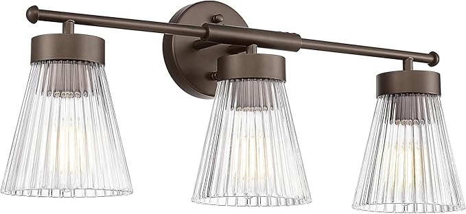 Bathroom Vanity Light Fixture, HWH 3-Light Farmhouse Vanity Lights Over Mirror Bathroom Lighting Fixtures with Clear Striped Glass Shade, Oil-Rubbed Bronze Finish, 5HZG97B-3W ORB