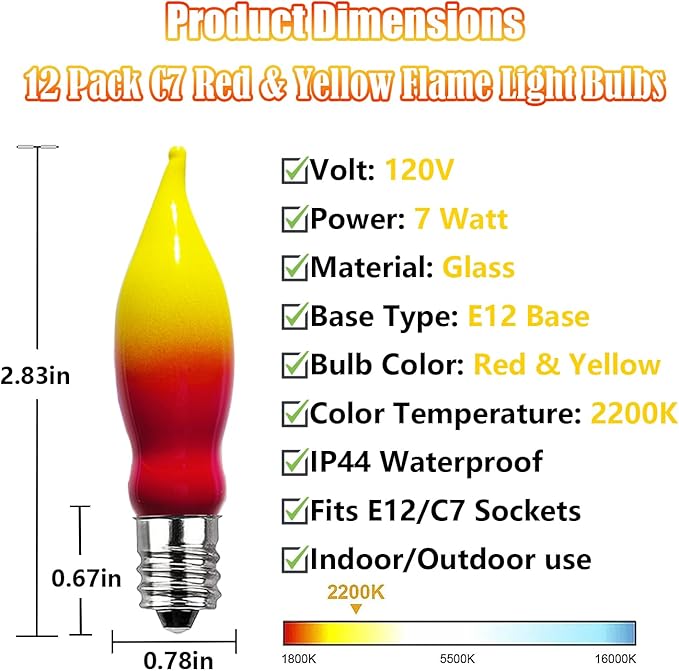 Halloween Flame Light Bulbs- 12 Pack Red Yellow Christmas Candle Light Bulb- E12 Candelabra Base Replacement Bulbs for String Lights Candle Lamp Nightlight Chandelier C7 Christmas Lights- 7 Watts