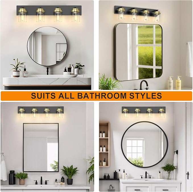 IZORRO Bathroom Vanity Light Fixture, 4-Light 27.5 Inch Black and Gold Bathroom Light Fixtures Over Mirror, with Clear Glass Shade, Modern Farmhouse Vanity Lights, Rustic Restroom Lighting Fixtures