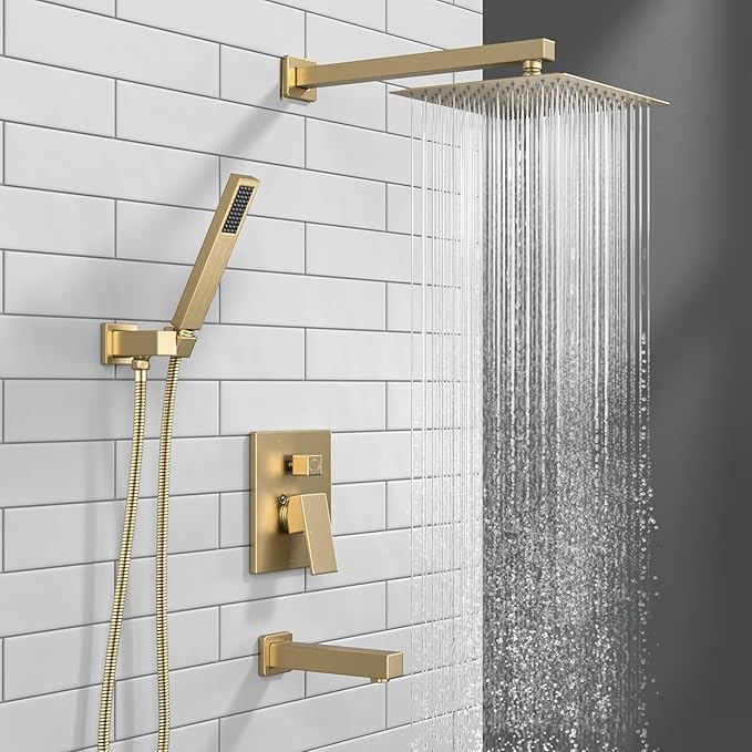 Lava Odoro Modern 3-Setting Square Shower and Tub Faucet Set with Shower Head and Handheld Sprayer Gold, Rainfall Shower System with Tub Spout, Shower Valve Trim Kit, Champagne Gold, SF103-SG-T