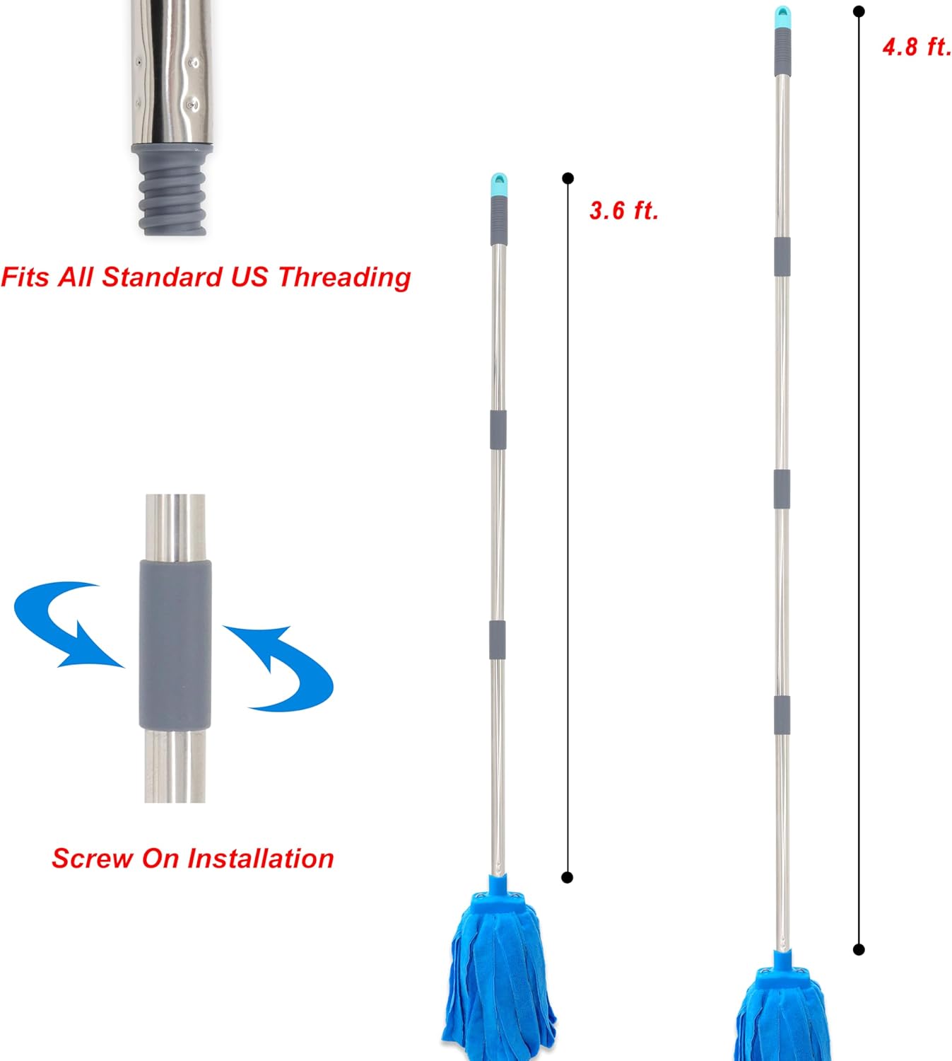 Screw On Microfiber String Mop, One Stainless Steel Pole + Two Blue Microfiber Cloth Mop Heads