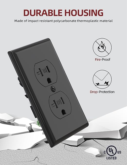 AIDA 20 Amps Outlets Duplex Electrical Receptacle Outlets,Tamper Resistant,Heavy-Duty Receptacle Wall Outlet,Residential,TR,3-Wire, Self-Grounding Clip, NEMA 5-20R,UL Listed (50 Pack, Black)