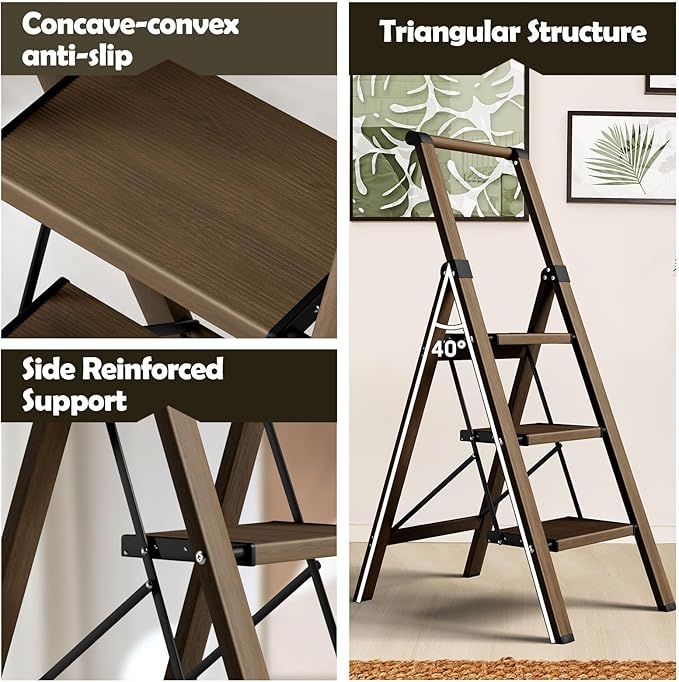 Taranta 3 Step Ladder, Portable Folding Ladder with Wide Pedal, Lightweight Aluminum Step Stool with Convenient Handgrip, 330 lbs Capacity Stepladder for Home, Office - Walnut