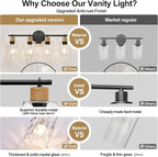 2025 Upgrade Bathroom Light Fixtures, 4-Light Coastal Vanity Lights with Crystal Glass Shade, Black Bathroom Wall Lamp for Mirror Kitchen Hallway Cabinet