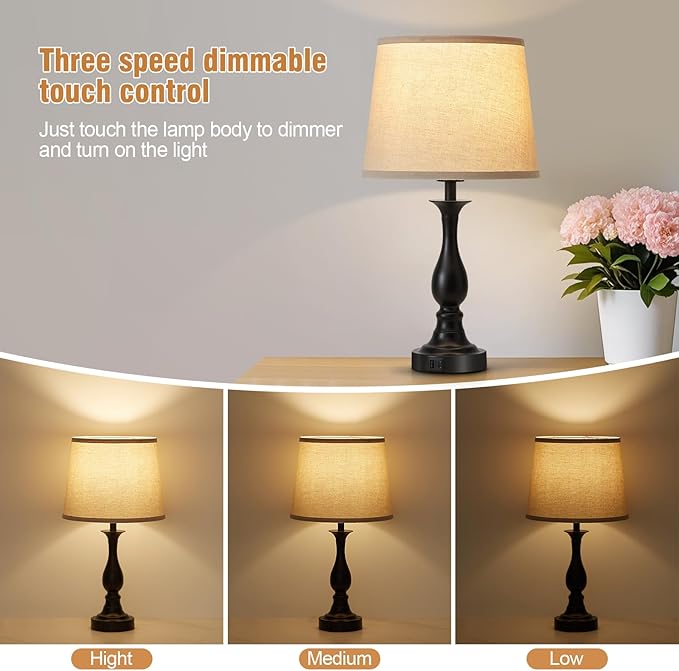 Bedside Table Lamp Touch Control Bedroom Lamps with USB-C USB-A Charging Port 3 Way Dimmable Touch Lamps for Nightstand Living Room Bedroom Dorm Home Office Reading, Set of 2