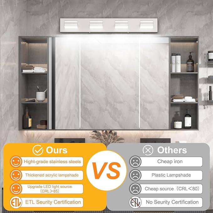 Ralbay 30inch Brushed Nickel Vanity Light for Bathroom 4-Light Metal Acrylic Modern LED Bathroom Light Fixtures