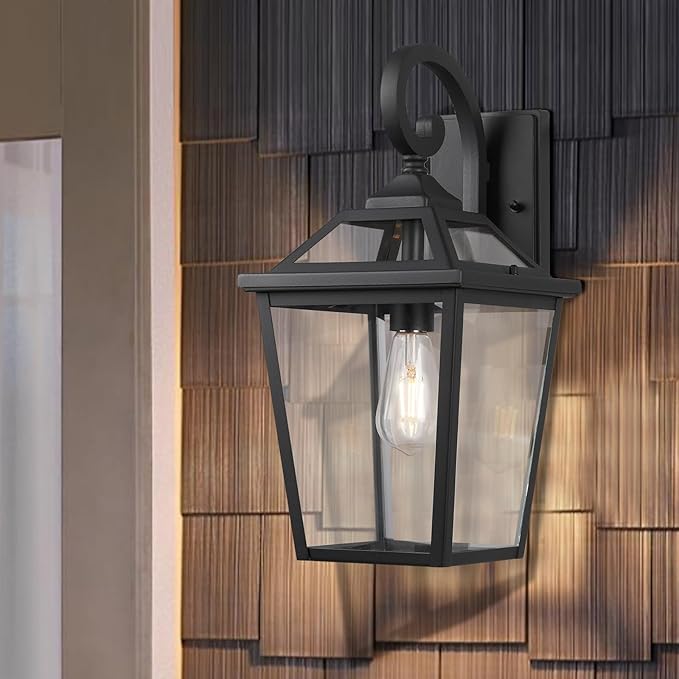 Outdoor Lanterns, Black Exterior Light Fixtures Mounted with Clear Glass, 18 Inch Tall Outdoor Wall Sconces Lamp for House, Doorway, Garage, Patio, 2 Pack