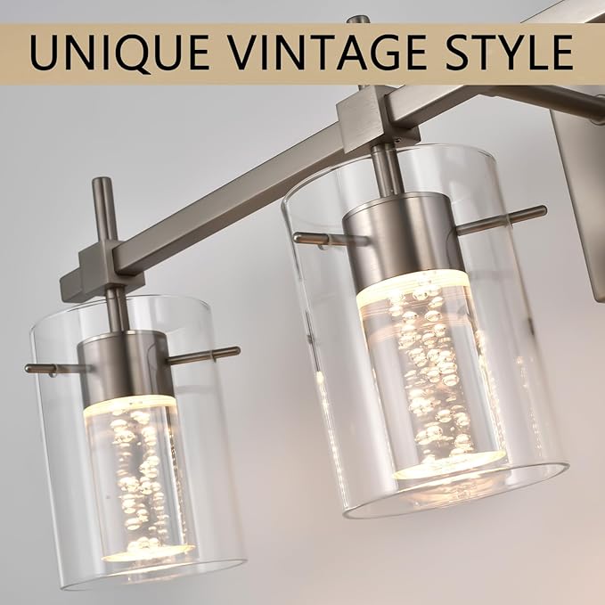 Bathroom Light Fixtures 3-Light, Brushed Nickel Vanity Light Over Mirror Dimmable 3 Color (3000K/4000K/6000K), Eye Protection LED Bathroom Lights Wall lamp Over Mirror with Clear Glass Shade