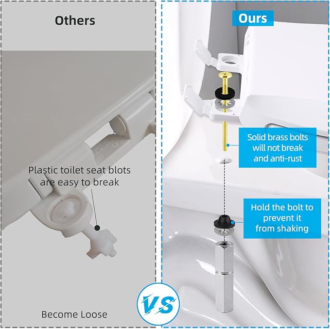 Hibbent 4 PCS Universal Toilet Seat Bolts Kit, Heavy Duty Solid Brass Toilet Bolts with Extra Long Stainless Steel Downlock Nuts Rubber Washers Gaskets, Easy to Install - Bathroom Toilet Repair Screw